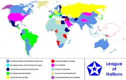 خريطة سياسية للعالم في 1920–1945, تظهر عصبة الأمم والعالم