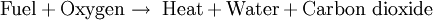 \textrm{Fuel} + \textrm{Oxygen} \rightarrow \; \textrm{Heat} + \textrm{Water} + \textrm{Carbon\ dioxide}