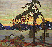 Oil on canvas panting  of a northern tree dominating its rocky landscape during a sunset.