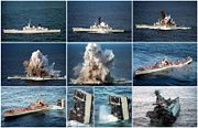 A sequence of photos showing the decommissioned Australian warship HMAS Torrens sinking after being used as a target for a submarine-launched torpedo.