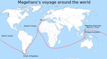 احدى سفن ماجلان أتمت الدوران حول الأرض, منتهية من ذلك بعد 16 شهراً من وفاة المستكشف.