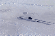 Los Angeles class fast attack submarine USS Alexandria (SSN-757) surfaced through 2 ft (1 m) of ice during ICEX-07, a U.S. Navy and Royal Navy exercise conducted on and under a drifting ice floe about 180 nmi (333 km, 207 mi) off the north coast of Alaska.
