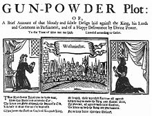 Three illustrations in a horizontal alignment.  The leftmost shows a woman praying, in a room.  The rightmost shows a similar scene.  The centre image shows a horizon filled with buildings, from across a river.  The caption reads "Westminster".  At the top of the image, "The Gunpowder Plot" begins a short description of the document's contents.