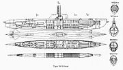 Type XXI U-Boat, late WWII, with pressure hull almost fully enclosed inside the light hull
