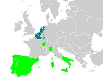 الأراضي الاسبانية في اوروبا في 1580. اللون الأخضر يبين الأراضي الواطئة