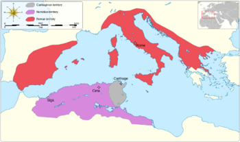 المملكة النوميدية والاراضي القرطاجية والإمبراطورية الرومانية عام 150 ق.م بعد توحيد.