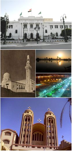 Top:Minya Governorate Hall, Middle left:Al-Minya Mosque, Middle upper right:View of sunrise in Mile River, Middle lower right:Night view of Qism Minya Square and Horria Street, Bottom:Abu Hur Coptic Church
