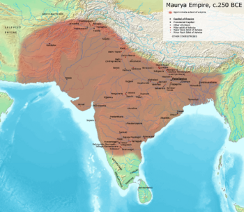 Maximum extent of the Maurya Empire, as shown by the location of Ashoka's inscriptions, and visualized by ASI (Archeological Survey Of India) based on ancient inscriptions, ancient Greecian , ancient Indian texts,[7] modern archaeologist :Nayanjot Lahiri[8],Dougald J. W. O'Reilly,[9] old archeologist :D.R. Bhandarkar[10], Myra Shackley:[11] modern historian : Upinder Singh[12],Jackson J. Spielvogel[13]Hugh Bowden[14], Ram Sharan Sharma[15], Charles Allen[16] old historians:Radha Kumud Mukherjee[17][18],John Haywood;[19]Patrick Karl O'Brien,[20][21]H. C. Raychaudhuri,[22]John F. Cady,[23]Gerald Danzer,[24]Vincent Arthur Smith;[25] Robert Roswell Palmer,[26]Geoffrey Parker,[27]R. C. Majumdar;[28]and historical geographer:Joseph E. Schwartzberg.[29]