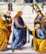 Christ giving the golden key of the kingdom heaven to Saint Peter (1481–82), by Pietro Perugino. The golden key is the symbol of the Pope.