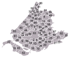 خريطة جنوب هولندا وفيها البلديات مرقمة