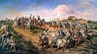 Painting depicting a group of uniformed men on horseback riding towards a smaller group of mounted men who have halted at the top of a small hill with the uniformed man at the front of the smaller group raising a sword high into the air "الاستقلال أو الموت!"
