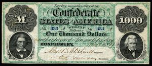 First series $1,000 banknote. Uniface. Inscribed "Twelve months after date".
