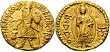 Gold coin of Kanishka the Great, with a depiction of the Buddha, with the legend "Boddo" in Greek script;Ahin Posh