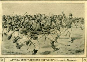 A black and white line drawing of a bayonet charge of Senegalese soldiers led by a French officer