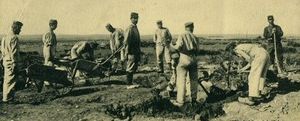 A party of German prisoners works the ground with picks under the supervision of a French guards