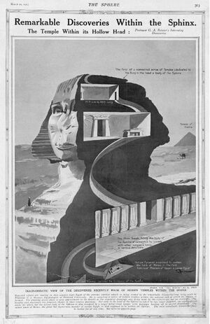 رسم من صحيفة ذا سفير البريطانية بتاريخ 22 مارس 1913، بوضوح الأنفاق والغرف المفتوحة داخل تمثال أبو الهول.