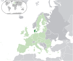 موقع  metropolitan Denmark[N 3]  (dark green) – on the European continent  (green & dark grey) – in the European Union  (green)