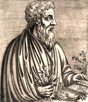 an ancient Greek black-and-white woodcut print of a middle aged bearded man. His left hand rests on a book and in his right he holds a plant.