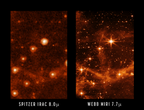 مقارنة الصورة بين سپتسر القديم وتلسكوب JWST الجديد[149]