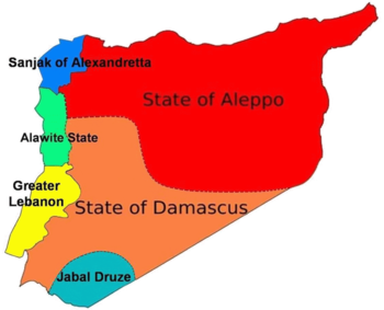 لبنان الكبير (أصفر) في الانتداب على سوريا.