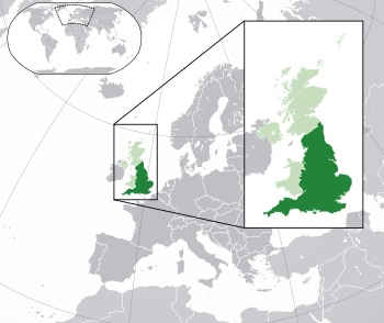 موقع  إنگلترة  (dark green) – on the European continent  (green & dark grey) – in the United Kingdom  (green)