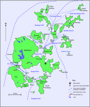 A map of the Orkney archipelago showing main transport routes. A small island with a high elevation is at south west. At centre is the largest island, which also has low hills. Ferry routes spread out from there to the smaller islands in the north.