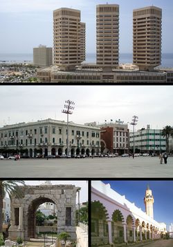 أعلى:: أبراج ذات العماد؛ الوسط: ميدان الشهداء؛ أسفل اليسار: قوس ماركوس أورليوس؛ أسفل اليمين: سوق المشير - مدينة طرابلس