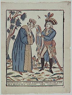 A man in a late 17th century French military uniform, wearing a bicorne hat decorated with three large plumes or leaves stands on the right of the image, a sheathed sword at his left side. He is presenting a red white and blue scarf to a full-bearded man on the left of the image. The man accepting the scarf stands with his head slightly bowed and palms crossed and flat on his chest, wearing a large square turban and long blue and gold caftan that reaches his feet. To his left is a palm tree, and in the far background pyramids and camels.