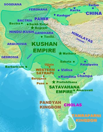 أراضي كوشان (الخط المتصل) وأقصى اتساع لممتلكات كوشان في عهد كانيشكا (خط منقط)، حسب نقش ربتك.[1]