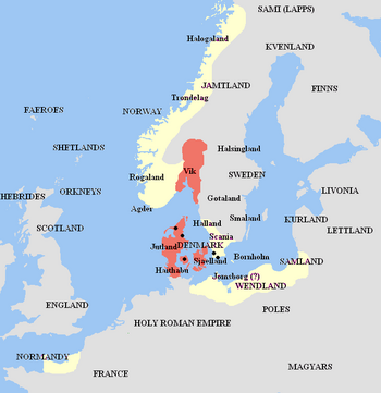 Kingdom of Harald Bluetooth (in red) and his vassals and allies (in yellow).