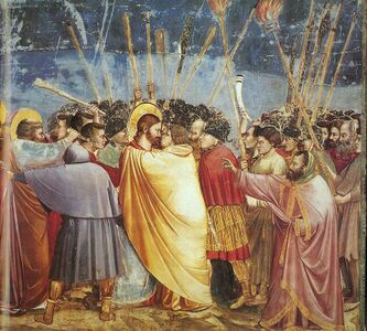 The Kiss of Judas (1304–06) by Giotto di Bondone, followed the Medieval tradition of clothing Judas Iscariot in a yellow toga.