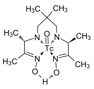 Skeletal formula featuring a technetium atom in its center, symmetrically bonded to four nitrogen atoms in a plane and to one oxygen atom perpendicular to the plane. Nitrogen atoms are terminated by OH, C-CH3 and C-C-CH3 groups.
