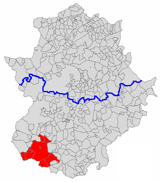 ملف:Mapa municipal de Extremadura con Sierra Suroeste destacada.png