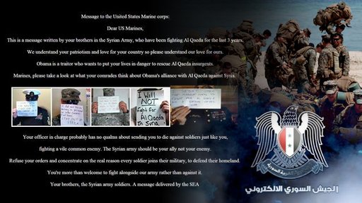 ملف:صورة وضعها الجيش الإلكتروني السوري بعد اختراقه موقع مشاة البحرية الأمريكية، 2 سبتمبر 2013.jpg