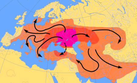 Scheme of Indo-European migrations from c. 4000 to 1000 BC according to the Kurgan hypothesis.