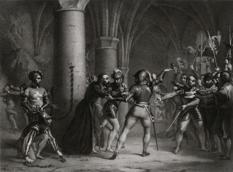 ملف:Chillon, délivrance de Bonivard par les troupes bernoises (1536).jpg