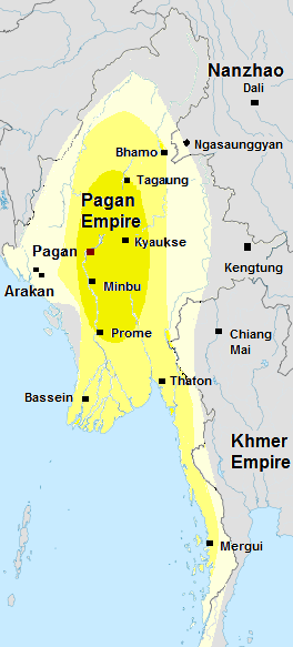 مملكة پگان، حوالي 1210. امبراطورية پگان في عهد Sithu II. Burmese chronicles also claim Kengtung and Chiang Mai. Core areas shown in darker yellow. Peripheral areas in light yellow. Pagan incorporated key ports of Lower Burma into its core administration by the 13th century.