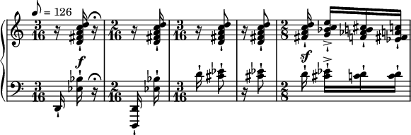 
{ \new PianoStaff << \new Staff \relative c'' { \set Staff.midiInstrument = #"violin" \clef treble \tempo 8 = 126 \override DynamicLineSpanner.staff-padding = #4 \time 3/16 r16 <d c a fis d>-! r16\fermata | \time 2/16 r <d c a fis d>-! \time 3/16 r <d c a fis d>8-! | r16 <d c a fis d>8-! | \time 2/8 <d c a fis>16-! <e c bes g>->-![ <cis b aes f>-! <c a fis ees>-!] } \new Staff \relative c { \set Staff.midiInstrument = #"violin" \clef bass \time 3/16 d,16-! <bes'' ees,>^\f-! r\fermata | \time 2/16 <d,, d,>-! <bes'' ees,>-! | \time 3/16 d16-! <ees cis>8-! | r16 <ees cis>8-! | \time 2/8 d16^\sf-! <ees cis>-!->[ <d c>-! <d c>-!] } >> } 