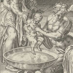 Gravure of bathing of the baby Peres