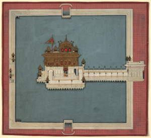 A watercolor painting of a gold topped temple in the center of a lake