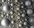 Closeup of a sea urchin test: In life, a tube foot or gill extends through each of the small holes, and a spine is supported by each of the raised tubercles.