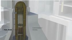 في حالة الانهيار الكامل، fuel pellets would drop to the bottom of the reactor vessel; they might burn through it. An outer containment vessel with steel and concrete walls may or may not hold the melted fuel and prevent it from escaping the reactor building. Worst case: molten fuel breaches all structures and releases enormous amounts of radioactive material, but physicists question whether this is possible.