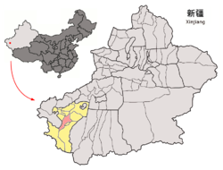 ناحية يرقند (بالأحمر) في محافظة قشغر (بالأصفر) وشين‌جيانگ.