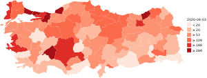 Confirmed cases of COVID-19 per million inhabitants in Turkey by province.svg