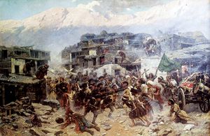 رجال القبائل القوقازيون يقاتلون ضد القوزاق، 1847