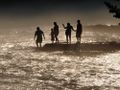 Silhouettes in misty Nantahala Gorge when cold water is released from Nantahala Dam in summer