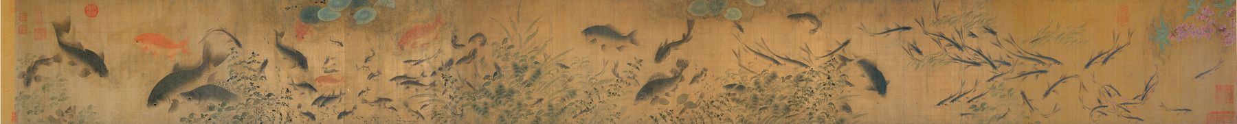 A hand scroll showing carp and other types of fish swimming