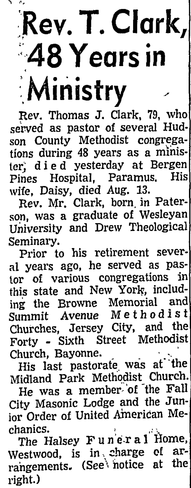 ملفReverend Thomas J. Clark Jr. (18771957) obituary in the Jersey Journal on August 22, 1957