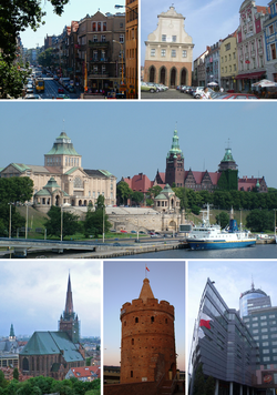 أعلى: Jagiellońska Street، سوق التبن ومبنى البلدية القديم الوسط: The نهر اودر، المتحف البحري ومكتب الڤويڤودية أسفل: St James' Cathedral، برج العذراء، PAZIM building