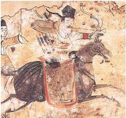 Painting depicting a شيان‌بـِيْ مورونگ archer in a tomb of the Former Yan (337–370).[10]